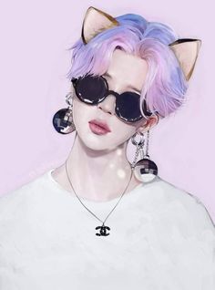 a woman with pink hair wearing sunglasses and cat ears on top of her head, in front of a purple background