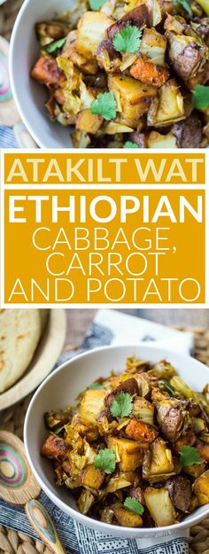 a bowl full of food with the words atakili wat etopian cabbage and potato