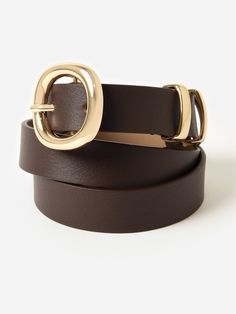 DESCRIPTION:A durable leather belt featuring a high-shine circular buckle.FEATURES:Genuine LeatherStrap Width: 0.8 in. Modern Brown Belts For Office Wear, Modern Leather Belt Buckles With Gold Buckle, Gold Belt Buckles For Work, Modern Belts With Gold Buckle For Office, Chic Gold Belt, Brown Belt Buckles With Gold Buckle For Business, Elegant Brown Belt Buckles With Brass Buckle, Chic Brown Belt Buckles For Business, Gold Leather Belt For Office