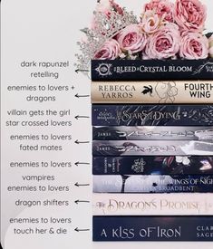 a stack of books with flowers on top and the title above it that says,