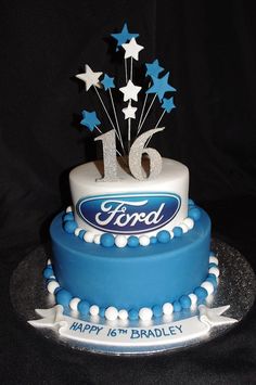 a blue and white birthday cake with the number sixteen ford on it's side