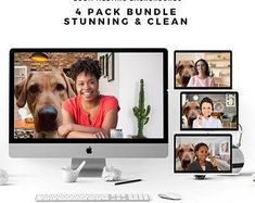 a computer screen with multiple pictures of people and a dog on it, including a woman's face