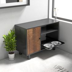 a black cabinet with two bowls and a potted plant