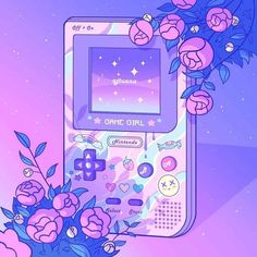 an image of a cell phone with flowers on the screen and stars in the background