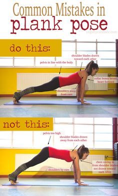 a woman doing push ups with the words common mistakes in plank pose do this not this