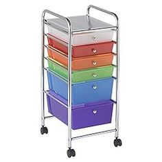 a multicolored rolling cart with five drawers