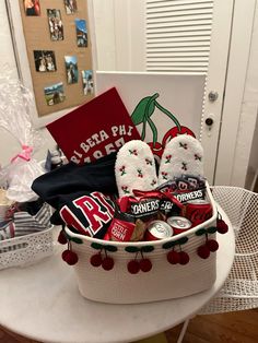 a basket filled with assorted items sitting on top of a table