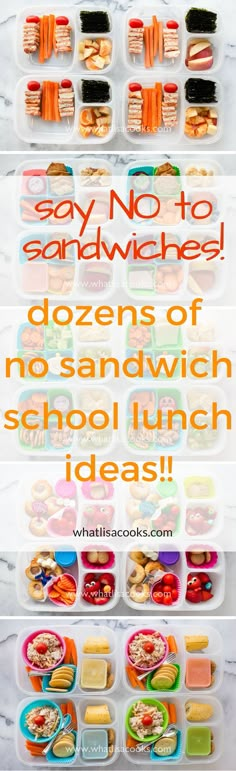 an organized lunch box filled with different types of food and the words say no to sandwiched