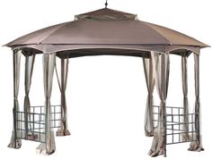 an outdoor gazebo with curtains and netting on the sides, set against a white background