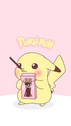 a cartoon pikachu holding a cup with the word pokemon on it's side