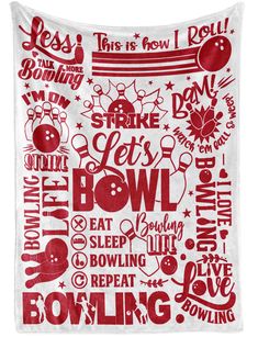 a red and white towel with the words bowling printed on it's front side