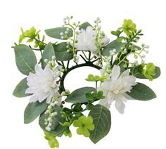 white flowers and green leaves are arranged in a circular arrangement on a white background with space for text