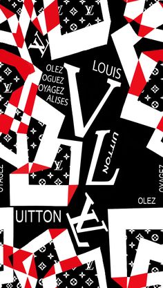 the louis vuitton logo is surrounded by red and white geometric shapes on black