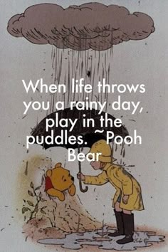 winnie the pooh is holding an umbrella in the rain with a bear under it