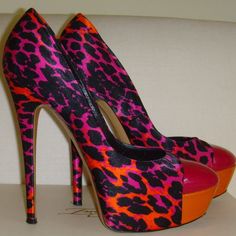 Casadei - Size 7 1/2 Leopard Print Satin Pumps W/Patent Toe And Platform In Colors Of Hot Pink, Orange And Black. Heel Measures 5 1/2 Inches High, With A 1 1/2 Inch Platform. Very Good Condition. Note: There Are A Couple For Ver Small Marks On The Toe Of The Left Shoe. A Couple Of Tiny Black Marks And One Dot Where Pink Color Is Off. Really Not That Noticeable At All. Gorgeous And Unusual Shoes! Bold Pink Heels, Lisa Frank Costume, Unusual Shoes, Leopard Print Pumps, Lisa Frank, Satin Pumps, Black Heel, Pink Orange, Pink Color