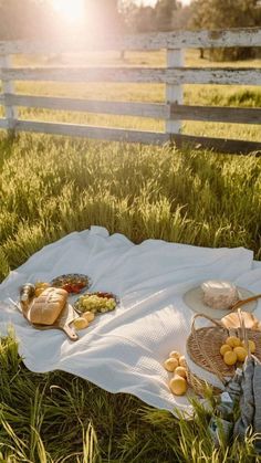 a picnic blanket on the grass with bread, fruit and other food items in front of a fence