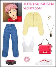 Outfits Inspired By Anime, Anime Fashion Outfits Inspiration, Yuji Outfit, Anime Style Clothes Inspired Outfits, Anime Outfit Ideas Casual, Yuji Itadori Outfit Ideas, Yuji Itadori Makeup, Sukuna Inspired Outfit, Anime Inspired Outfits Aesthetic