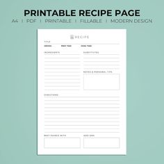 Recipe Page, Recipe Book Template, Printable Recipe Page, A4, Recipe Card, Recipe Journal, Modern Recipe Book Template, Digital Download - Etsy Handwritten Recipe Book, Recipe Folder, Handwritten Recipes