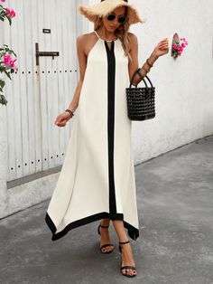 Albaricoque Casual Collar sin mangas Tela tricotada Color combinado Tirantes Embellished No-Elástico Halter Maxi Dress, Halter Maxi, Sewing Design, Halter Maxi Dresses, Halterneck Dress, Bohemian Dress, Asymmetrical Hem, Kids Beachwear, Womens Maxi Dresses