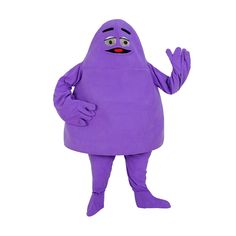 a purple character is standing with his arms out and hands in the air while wearing an adult sized costume