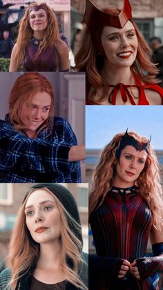 many different pictures of the same woman with red hair and blue eyes, wearing costumes