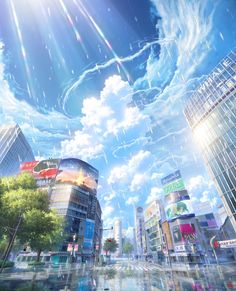 an anime city with tall buildings and blue skies