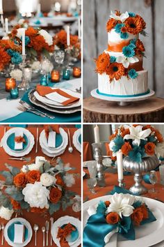 the table is set with orange, white and teal flowers on top of it