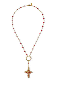 Devotion runs blood deep.

Features a gorgeous garnet bead & pearl rosary-style necklace with a golden ring and deep ruby red & crystal CZ-adorned cross pendant at its center. Made from 18K gold-dipped brass and finished with a lobster clasp closure.

Pair it with our matching Earrings.

Chain Length: 20" with a 2 ½" drop
Charm Length: 3" Crystal Rosary, Ruby Crystal Necklace, Gold Ruby Jeweled Necklace, Rosary Inspired Necklaces, Gold Ruby Necklaces With Polished Beads, Red Rosary Necklace, Rosary Style Necklace, Pearl Rosary, Golden Ring