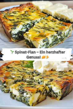 spinach and feta cheese quiche on a white plate with text overlay