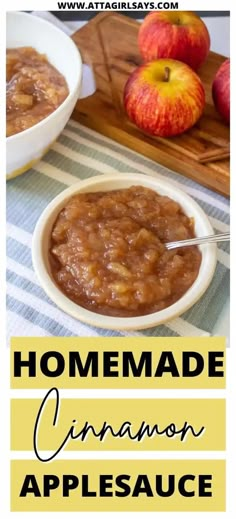 homemade cinnamon apple sauce in a bowl with apples on the side and text overlay