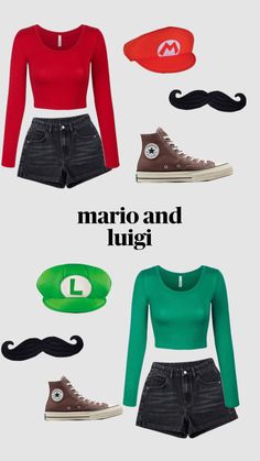 an image of some clothes and hats with the words mario and luigi written on them