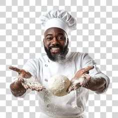 a chef is holding out his hands with some flour on top of it, while wearing a white hat