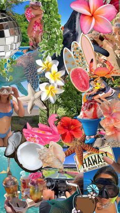 a collage of photos with flowers and people in bikinis on the beach,