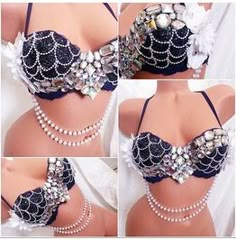 four pictures of a woman wearing a bra with pearls and beads on the chest,