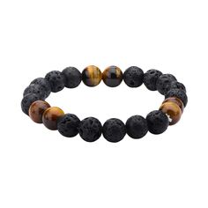 "This lava stone and tiger eye beaded bracelet is perfect for everyday wear. BRACELET DETAILS Length: 8.5 in. Clasp: adjustable Finish: polished Stone: lava stone Packaging: boxed Size: 8.5"". Color: Black. Gender: male. Age Group: adult." Stone Packaging, Stone Bead Jewelry, Brown Tiger, Lava Bead Bracelet, Brown Tiger Eye, Bead Projects, Tiger Eye Beads, Bracelet Ideas, Leather Bracelets