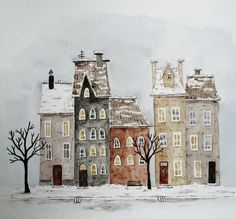 a painting of some buildings with snow on the ground and trees in front of them