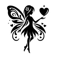 a black and white silhouette of a fairy holding a heart