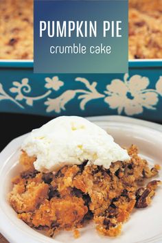 pumpkin pie crumble cake on a white plate with a blue box in the background