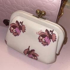 Coach Floral Leather Kisslock Coin Purse $195 Luxury Pink Rectangular Coin Purse, Chic Pink Coin Purse For Everyday Use, Chic Pink Coin Purse For Everyday, Chic Pink Coin Purse, Compact Pink Leather Bag, Elegant Pink Leather Coin Purse, Chic Compact Pink Wallet, Elegant Pink Compact Coin Purse, Chic Pink Leather Wallet