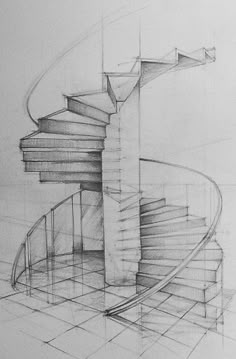 a pencil drawing of a spiral staircase