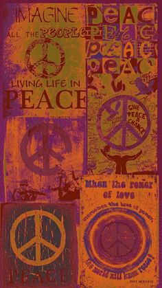 an image of peace signs in different colors and sizes on a purple, red, green, orange background