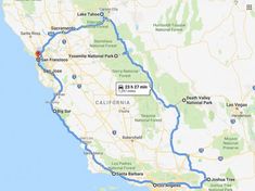 a map showing the route from san francisco to los angeles on a road trip in california