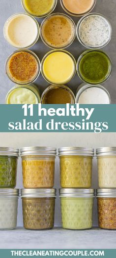 the 11 healthy salad dressings in jars with text overlay