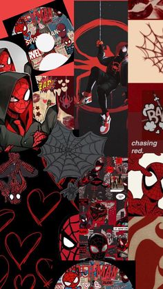 a collage of red and black images with spider - man on the front, batman on the back