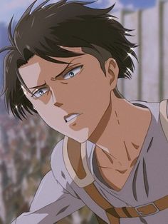 an anime character with black hair and blue eyes looking at something in the distance behind him