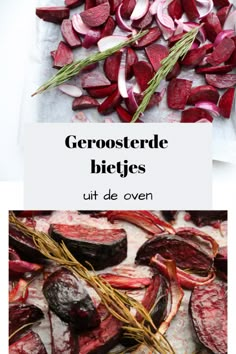 some sliced up beets on top of a cutting board with rosemary sprigs