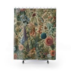 a shower curtain with an image of flowers and plants on the outside, in front of a white background