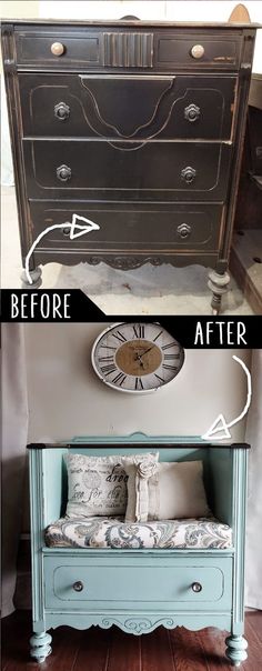 an old dresser is painted blue and has been transformed into a bench with pillows on it