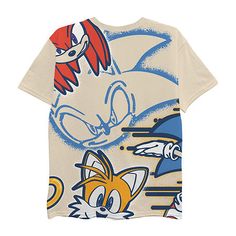 a t - shirt with an image of sonic the cat and tails on it's chest