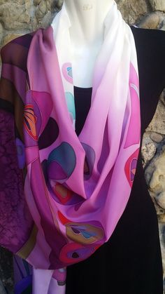 Color block silk scarf hand painted, Batik silk scarf for women, Christmas gift is made using the technique of cold batik. A unique large scarf 22 * 79 inches. Will please any girl or woman. PLEASE ATTENTION FOR DEAR BUYERS! I thank all visitors to my store! I love to make unique scarves, shawls, tunics, dresses for you. PLEASE read all order information before ordering! A birthday present for her, a present for mom. Unique abstract Scarves Scarf in pink and gray paint, Luxury scarves/ Hot pink Designer Silk Scarf, Abstract Scarf, Designer Silk Scarves, Scarf Ideas, Silk Neck Scarf, Birthday Presents For Her, Hand Painted Gifts, Painted Scarf, Handmade Scarf